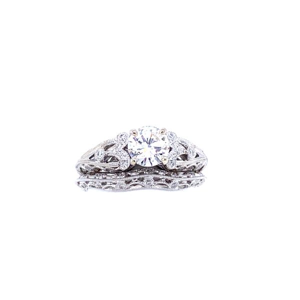14k White Gold Open Work Diamond Engagement Ring and Wedding Band Set 1.11ctw