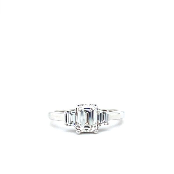 14k White Gold Diamond Emerald Cut Three Stone Ring 1.34ctw
