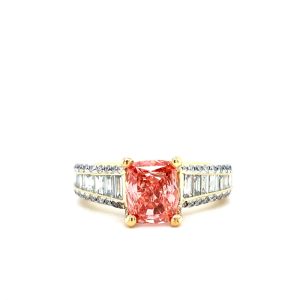 14k Yellow Gold Lab Grown Pink Diamond Baguette Engagement Ring