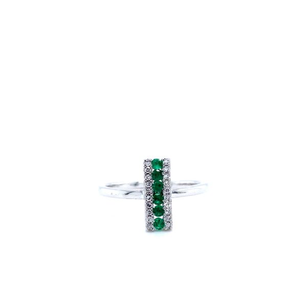 14k White Gold Emerald and Diamond Vertical Bar Ring