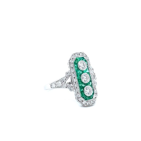 14k White Gold Emerald and Diamond Vintage-Inspired Ring - Image 2