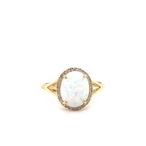 14k Yellow Gold Lab Grown Opal and Diamond Ring