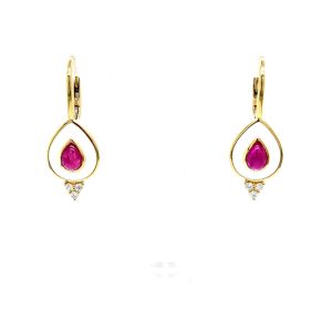 18k Yellow Gold Ruby and Diamond White Enamel Earrings