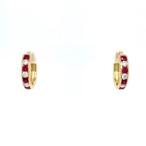 18k Yellow Gold Ruby and Diamond Huggie Earrings