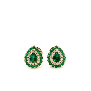 14k Yellow Gold Emerald and Diamond Stud Earrings