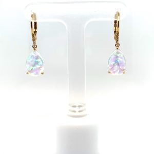 14k Yellow Gold Lab Grown Opal and Diamond Earrings