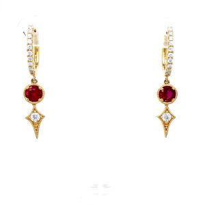 18k Yellow Gold Ruby and Diamond Dangle Earrings