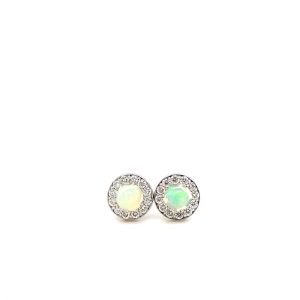 14k White Gold Opal and Diamond Birthstone Stud Earrings
