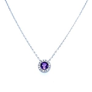 14k White Gold Amethyst and Diamond Birthstone Pendant