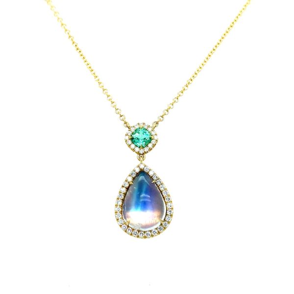 18k Yellow Gold Moonstone, Tourmaline and Diamond Pendant