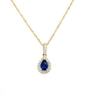 14k Yellow Gold Sapphire and Diamond Pear Halo Pendant