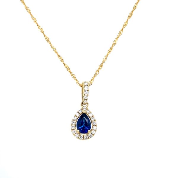 14k Yellow Gold Sapphire and Diamond Pear Halo Pendant