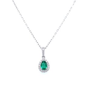 14k White Gold Emerald and Diamond Pear Halo Pendant