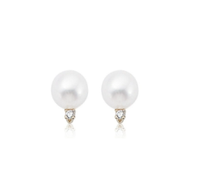 14k Yellow Gold Pearl and Diamond Stud Earrings