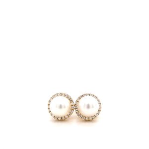 14k Yellow Gold Pearl and Diamond Stud Earrings