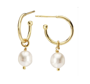 Sterling Silver Yellow Gold Plated Pearl Dangle Hoop Earrings