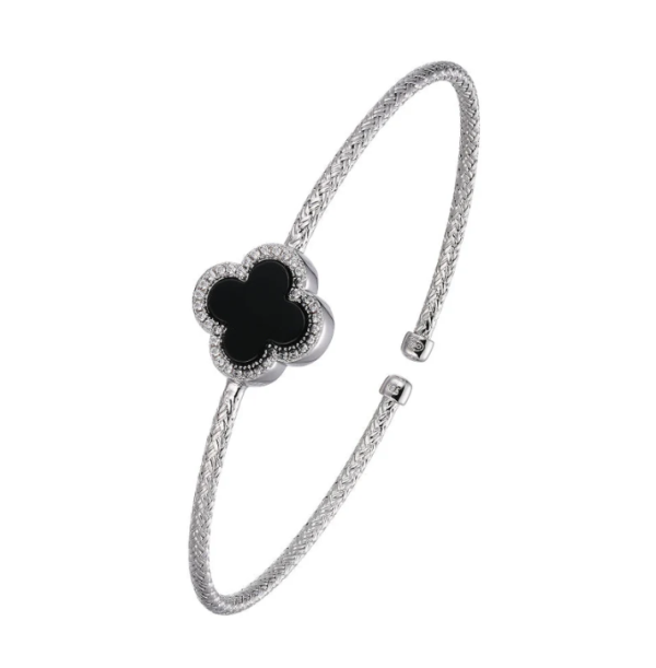 Sterling Silver Onyx Clover Cuff Bracelet