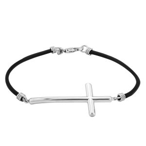 Sterling Silver Black Leather Cross Bracelet