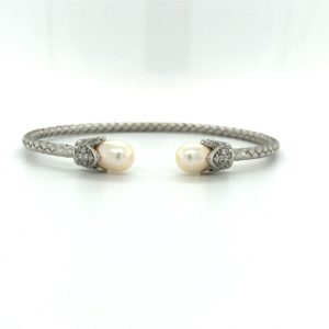 Sterling Silver and Pearl Cap Woven Cuff Bracelet