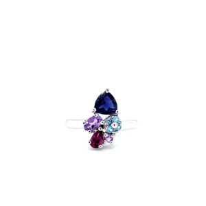 Sterling Silver Multi-Gemstone Cluster Ring