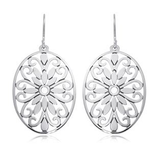 Sterling Silver Oval Floral Dangle Earrings