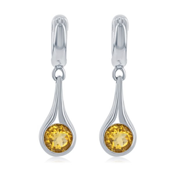 Sterling Silver Citrine Bezel Drop Earrings