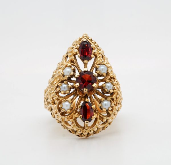 Estate Piece: 14k Yellow Gold Garnet and Pearl Ring
