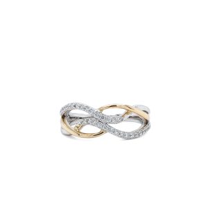 14k Two Tone Gold Diamond Wavy Crossover Ring