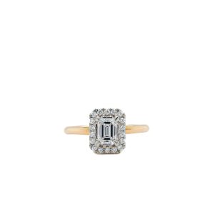 14k Two Tone Gold Diamond Emerald Cut Halo Engagement Ring .60ctw
