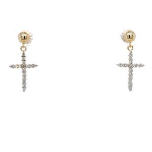 14k Two Tone Gold Diamond Cross Dangle Earrings