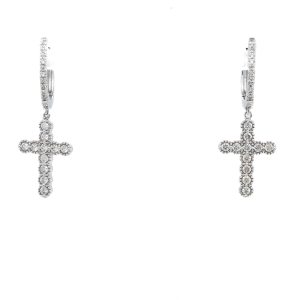14k White Gold Diamond Cross Dangle Huggie Earrings
