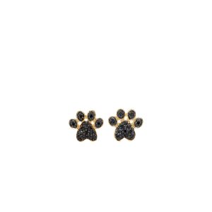 14k Yellow Gold Black Diamond Paw Print Stud Earrings