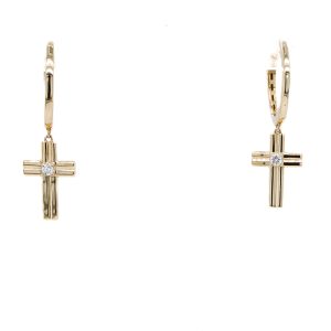 14k Yellow Gold Diamond Cross Dangle Huggie Earrings