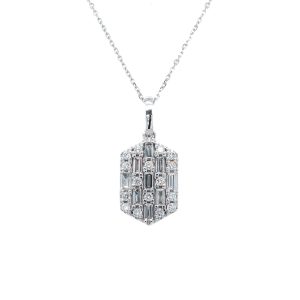 14k White Gold Diamond Baguette Hexagon Cluster Pendant