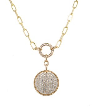 14k Yellow Gold Diamond Disc Paperclip Necklace