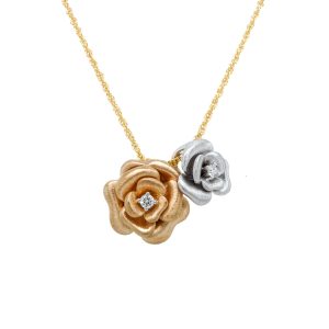 14k Two Tone Gold Diamond Double Rose Pendant