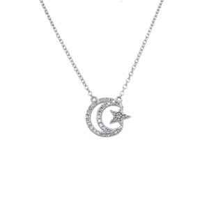 10k White Gold Diamond Crescent Moon and Star Necklace