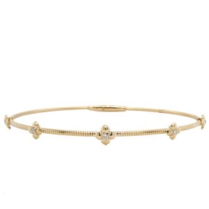 14k Yellow Gold Diamond Flower Flex Bangle Bracelet