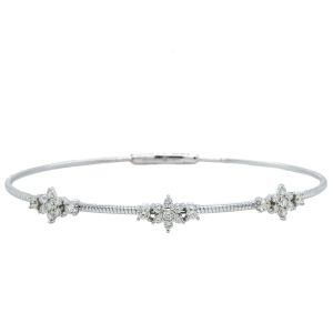 14k White Gold Diamond Floral Station Flex Bangle Bracelet