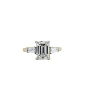 14k Two Tone Gold Lab Grown Diamond Emerald Cut and Baguette Three Stone Engagement Ring