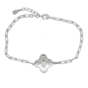 Sterling Silver Lab Grown Diamond Paperclip Clover Bracelet