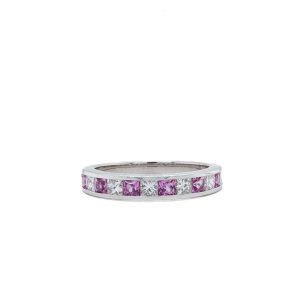14k White Gold Pink Sapphire and Diamond Princess Cut Band