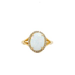 14k Yellow Gold Lab Grown Opal and Diamond Ring