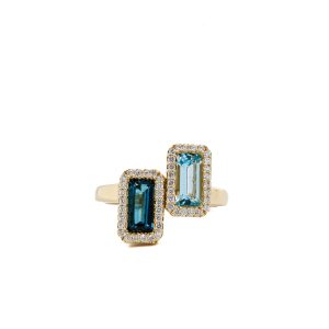 14k Yellow Gold London and Swiss Blue Topaz Ring