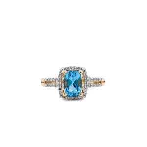 14k Yellow Gold Blue Topaz and Diamond Halo Ring
