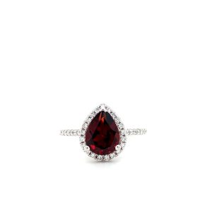 14k White Gold Garnet and Diamond Pear Halo Ring