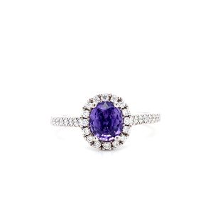 18k White Gold Purple Sapphire and Diamond Halo Ring