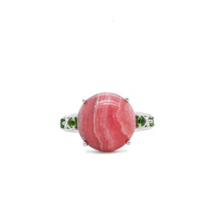 14k White Gold Rhodochrosite and Chrome Diopside Ring