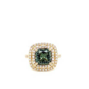 14k Yellow Gold Lab Grown Green Spinel and Diamond Ring