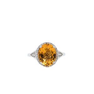 14k White Gold Citrine and Diamond Halo Ring
